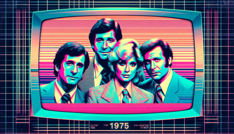 1975; using the andy warhol signature style of boarders on the left and right side of the picture, use a retro synth wave colour scheme, create an image depicting sitcoms M*A*S*H and All in the Family