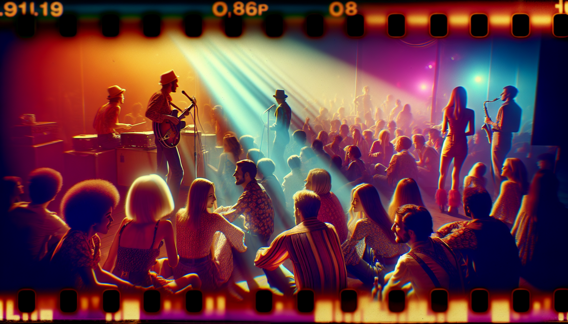 1966; using the andy warhol signature style of boarders on the left and right side of the picture, use a retro synth wave colour scheme, create an image depicting the music scene and culture in 1966