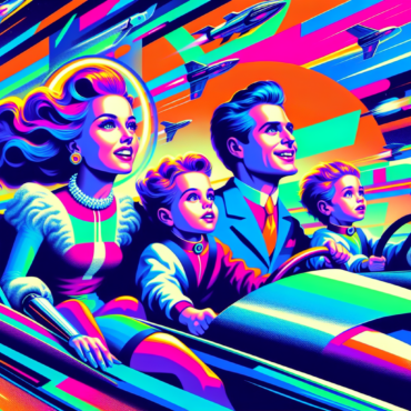 1971; using the andy warhol signature style of boarders on the left and right side of the picture, use a retro synth wave colour scheme, create an image depicting The Jetsons