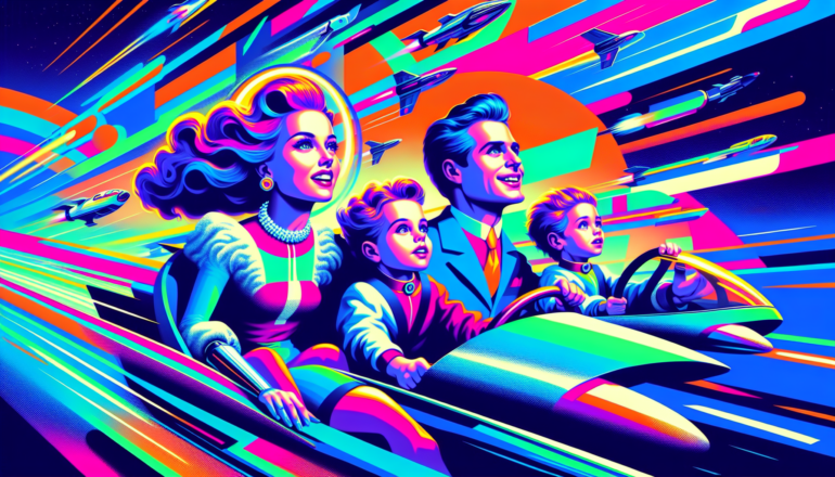 1971; using the andy warhol signature style of boarders on the left and right side of the picture, use a retro synth wave colour scheme, create an image depicting The Jetsons