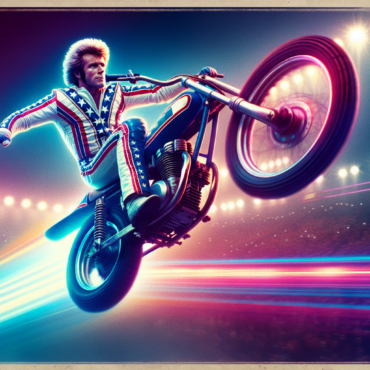 1974; using the andy warhol signature style of boarders on the left and right side of the picture, use a retro synth wave colour scheme, create an image of the Evel Knievel