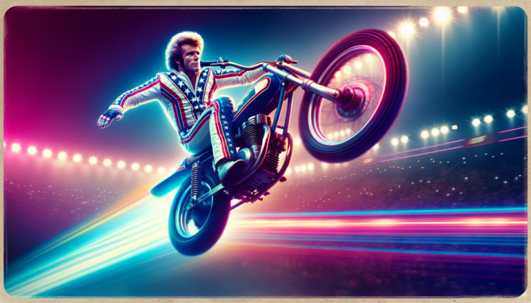 1974; using the andy warhol signature style of boarders on the left and right side of the picture, use a retro synth wave colour scheme, create an image of the Evel Knievel