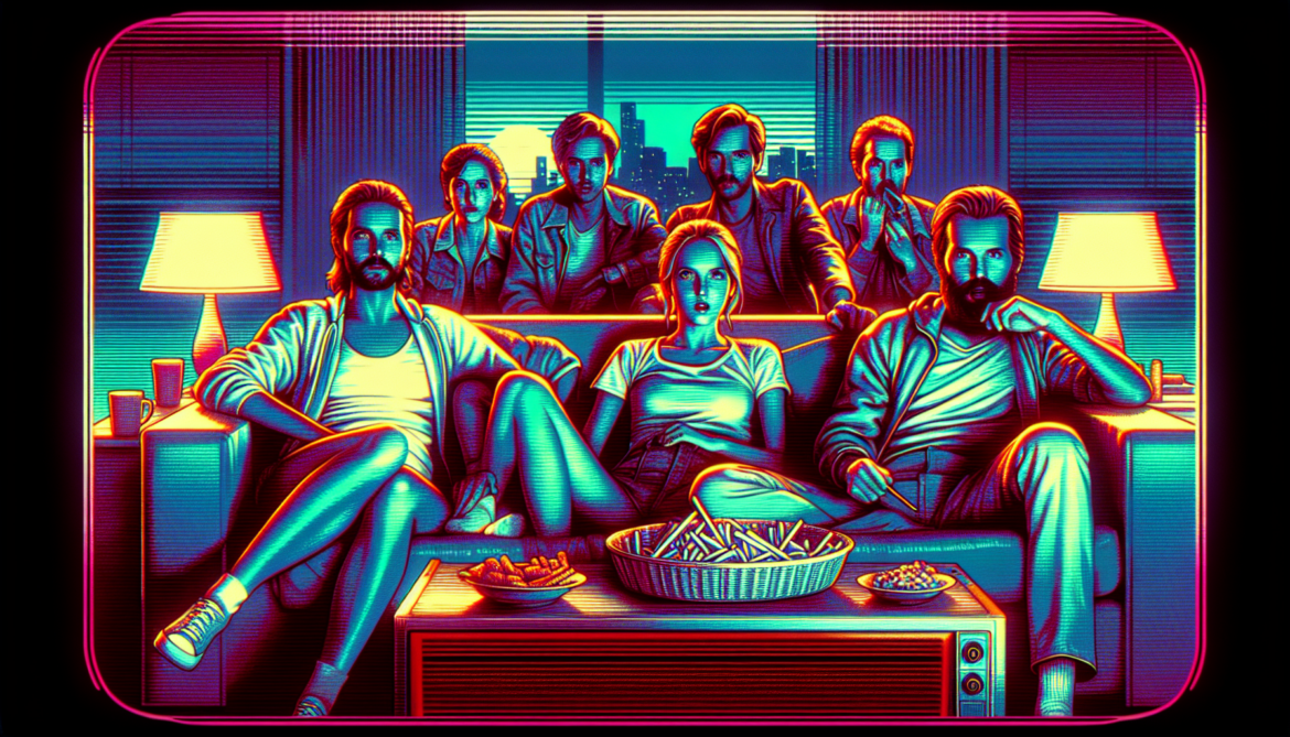 1982; using the andy warhol signature style of boarders on the left and right side of the picture, use a retro synth wave colour scheme, create an image of late night television