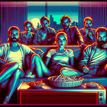 1982; using the andy warhol signature style of boarders on the left and right side of the picture, use a retro synth wave colour scheme, create an image of late night television