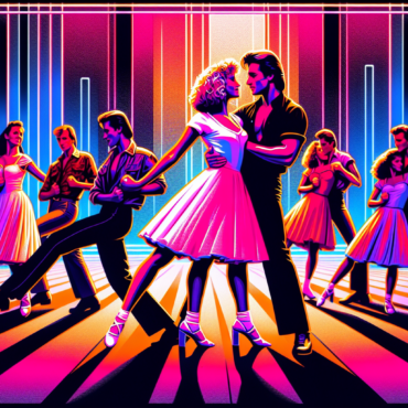 1987; using the andy warhol signature style of boarders on the left and right side of the picture, use a retro synth wave colour scheme, create an image depicting dirty dancing