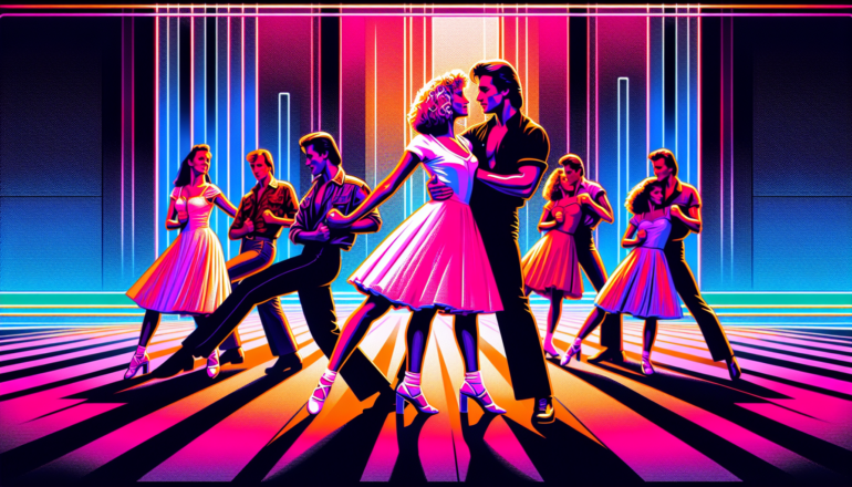 1987; using the andy warhol signature style of boarders on the left and right side of the picture, use a retro synth wave colour scheme, create an image depicting dirty dancing