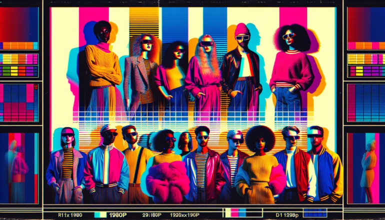 1988; using the andy warhol signature style of boarders on the left and right side of the picture, use a retro synth wave colour scheme, create an image depicting bold and bright fashion of the 80s