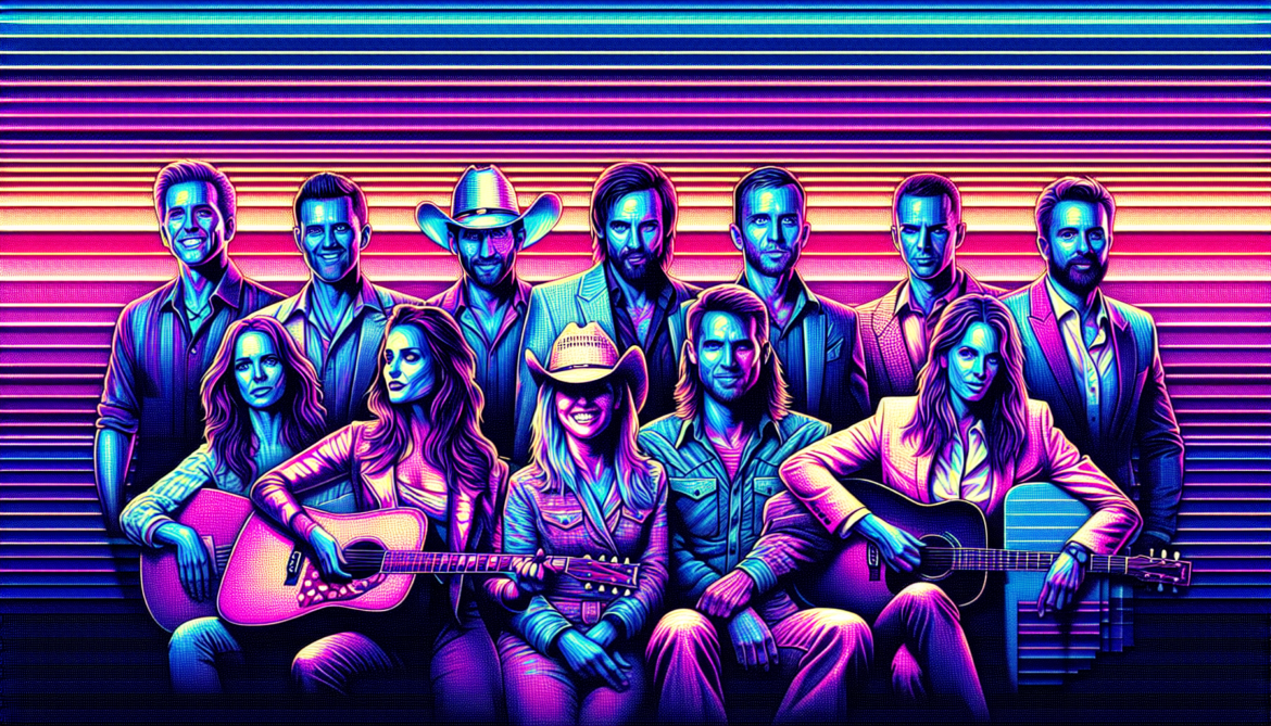 1990; using the andy warhol signature style of boarders on the left and right side of the picture, use a retro synth wave colour scheme, create an image depicting country artists from the 1990s