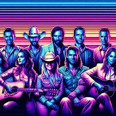 1990; using the andy warhol signature style of boarders on the left and right side of the picture, use a retro synth wave colour scheme, create an image depicting country artists from the 1990s