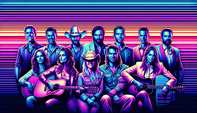 1990; using the andy warhol signature style of boarders on the left and right side of the picture, use a retro synth wave colour scheme, create an image depicting country artists from the 1990s