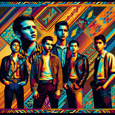 1992; using the andy warhol signature style of boarders on the left and right side of the picture, use a retro synth wave colour scheme, create an image depicting R.E.M.