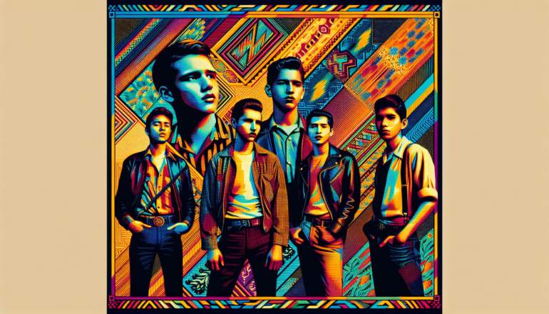 1992; using the andy warhol signature style of boarders on the left and right side of the picture, use a retro synth wave colour scheme, create an image depicting R.E.M.