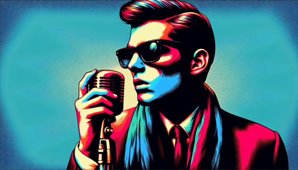 using the andy warhol signature style of boarders on the left and right side of the picture, use a retro synth wave colour scheme, create an image depicting Roy Orbison