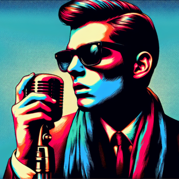 using the andy warhol signature style of boarders on the left and right side of the picture, use a retro synth wave colour scheme, create an image depicting Roy Orbison