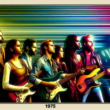 1975; using the andy warhol signature style of boarders on the left and right side of the picture, use a retro synth wave colour scheme, create an image depicting the songs that made 1975 iconic