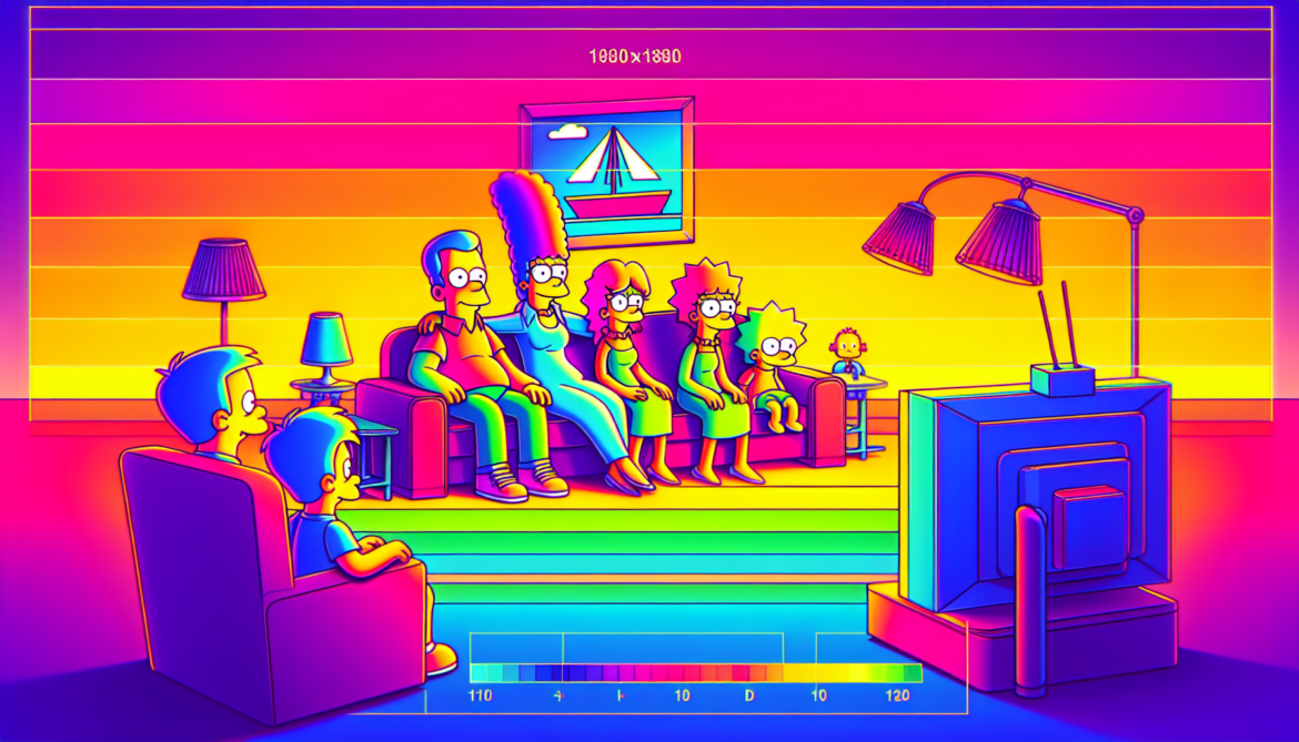 use a retro synth wave colour scheme, create an image depicting The Simpsons sitting on their couch