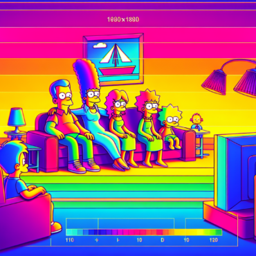 use a retro synth wave colour scheme, create an image depicting The Simpsons sitting on their couch