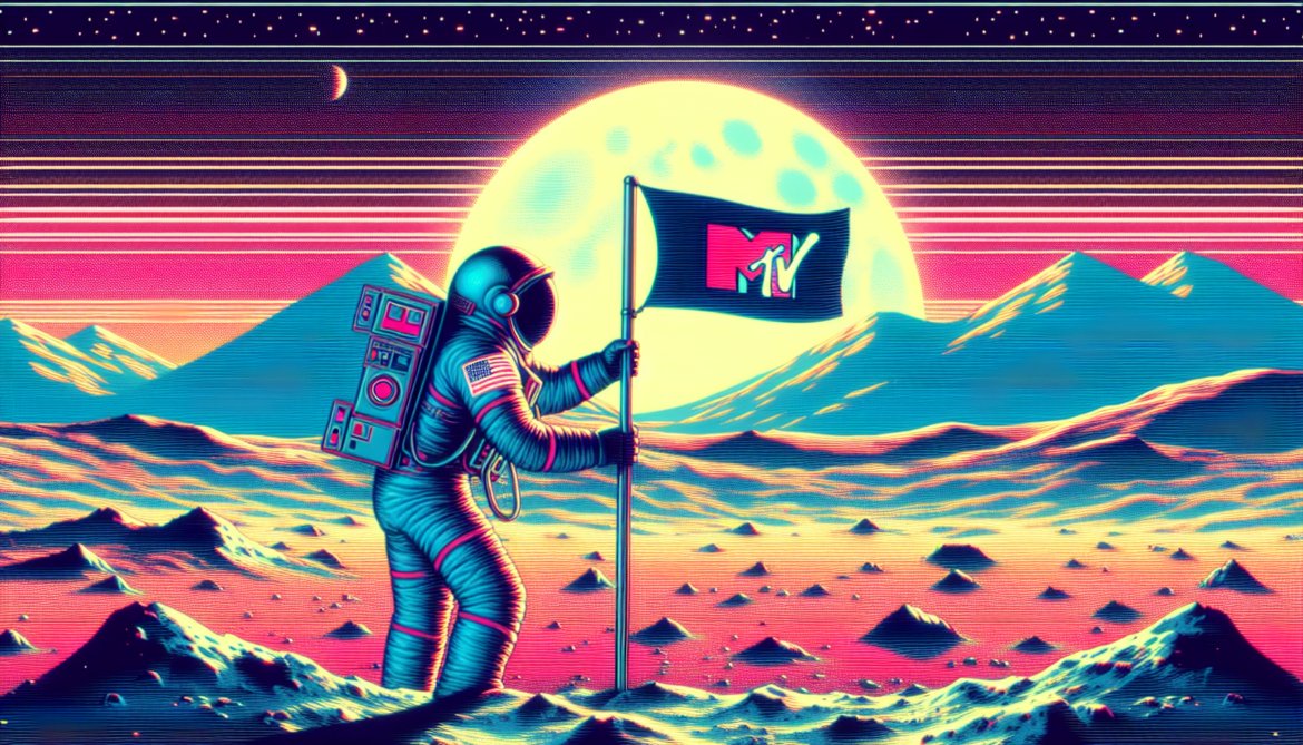 1981; use a retro synth wave colour scheme, create an image depicting astronaut planting an \