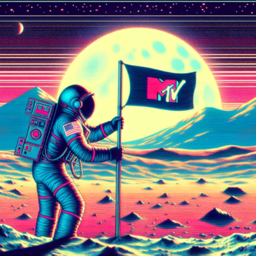 1981; use a retro synth wave colour scheme, create an image depicting astronaut planting an \