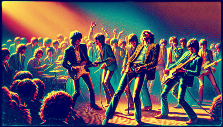 1972; using the andy warhol signature style of boarders on the left and right side of the picture, use a retro synth wave colour scheme, create an image of The Rolling Stones \