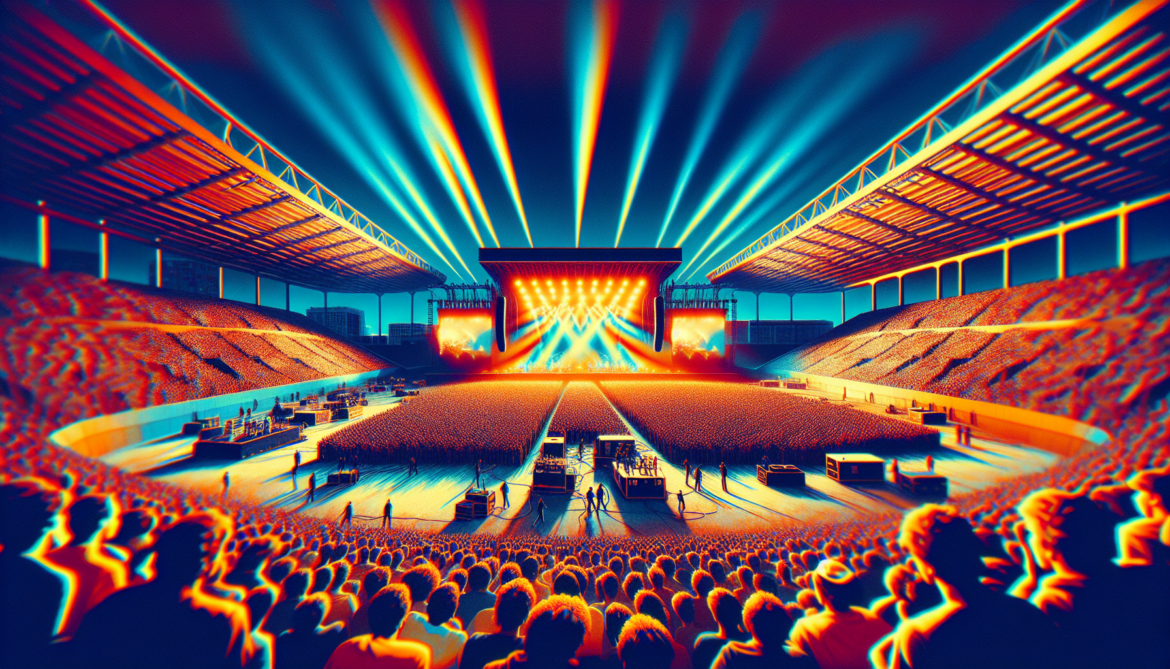 use a retro synth wave colour scheme, create an image depicting the Live Aid concert in july 1985 wembly