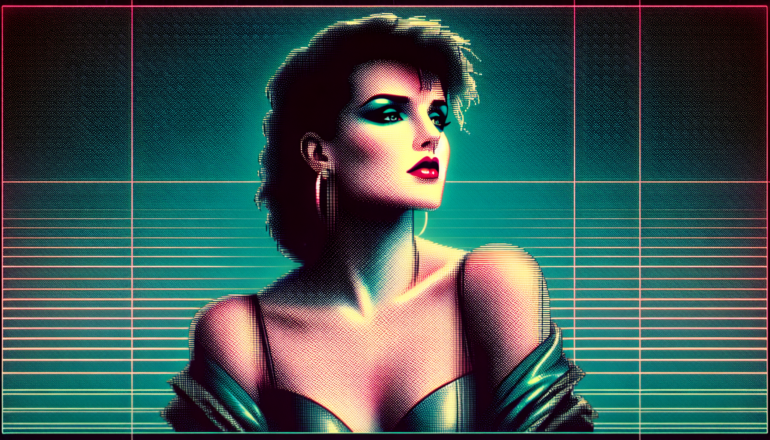 1986; using the andy warhol signature style of boarders on the left and right side of the picture, use a retro synth wave colour scheme, create an image depicting Madonna and her \