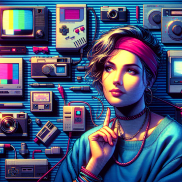 1987; using the andy warhol signature style of boarders on the left and right side of the picture, use a retro synth wave colour scheme, create an image depicting tech-savvy gadgets of the 80s