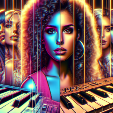 1988; using the andy warhol signature style of boarders on the left and right side of the picture, use a retro synth wave colour scheme, create an image depicting female music artists in 1988