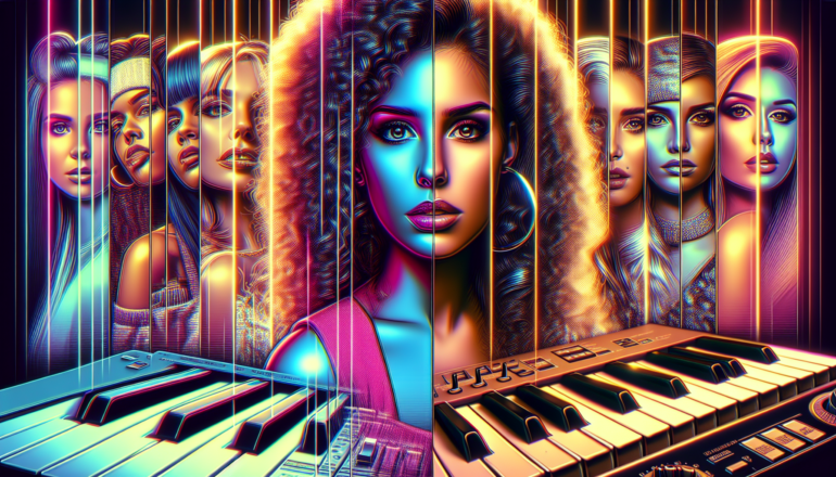 1988; using the andy warhol signature style of boarders on the left and right side of the picture, use a retro synth wave colour scheme, create an image depicting female music artists in 1988