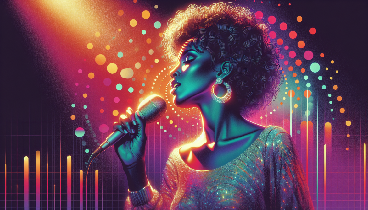 1970s; use a retro synth wave colour scheme, create an image depicting Whitney Houston album \