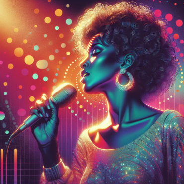 1970s; use a retro synth wave colour scheme, create an image depicting Whitney Houston album \