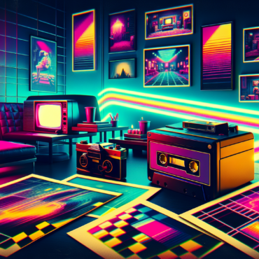 1977; using the andy warhol signature style of boarders on the left and right side of the picture, use a retro synth wave colour scheme, create an image depicting video games from the 70s
