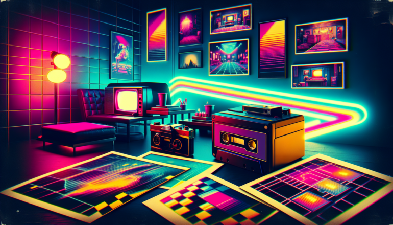 1977; using the andy warhol signature style of boarders on the left and right side of the picture, use a retro synth wave colour scheme, create an image depicting video games from the 70s