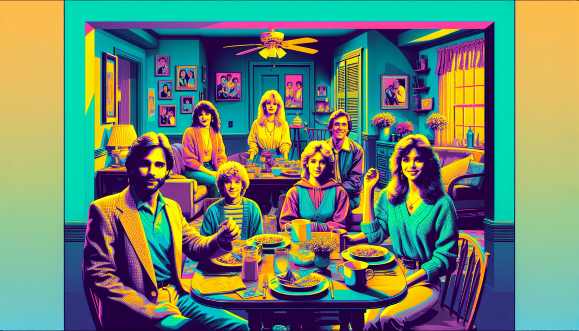 1980; using the andy warhol signature style of boarders on the left and right side of the picture, use a retro synth wave colour scheme, create an image depicting 1980s sitcoms