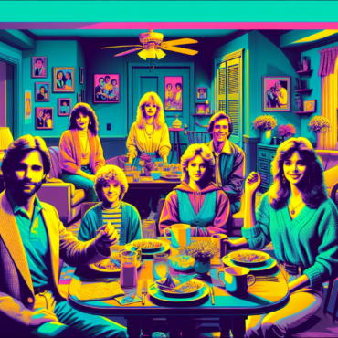 1980; using the andy warhol signature style of boarders on the left and right side of the picture, use a retro synth wave colour scheme, create an image depicting 1980s sitcoms