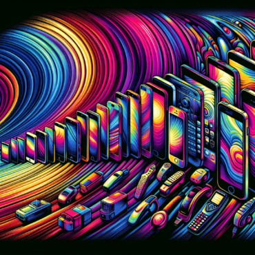 using the andy warhol signature style of boarders on the left and right side of the picture, use a retro synth wave colour scheme, create an image depicting the evolution of mobile phones