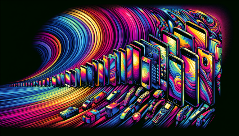 using the andy warhol signature style of boarders on the left and right side of the picture, use a retro synth wave colour scheme, create an image depicting the evolution of mobile phones