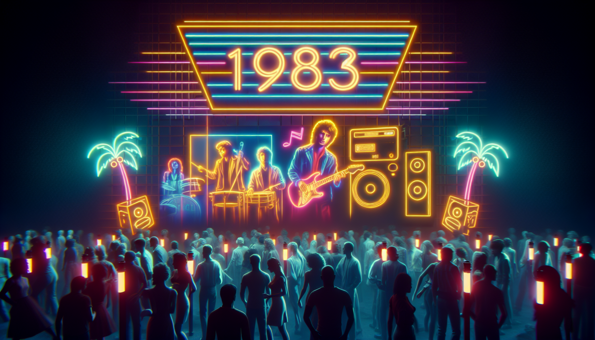 1983, soundtrack of the 80s, The Police, Michael Jackson, Men at Work, Irene Cara. 1983 neon sign in the background