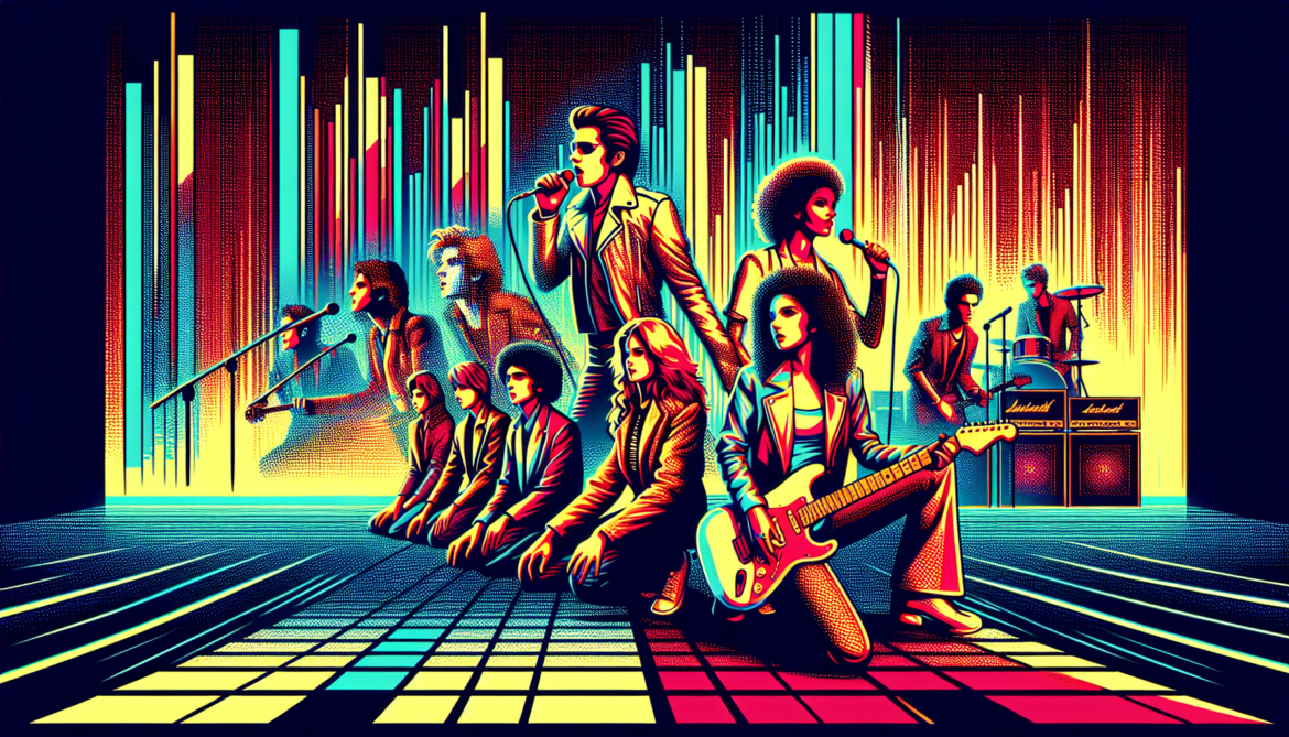 1979; using the andy warhol signature style of boarders on the left and right side of the picture, use a retro synth wave colour scheme, create an image new wave music of 1975