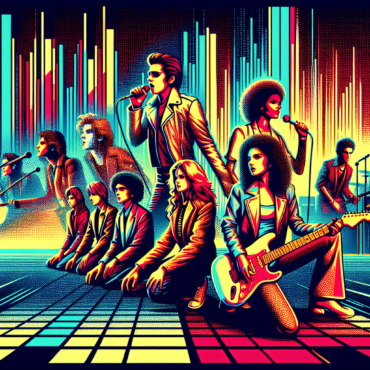 1979; using the andy warhol signature style of boarders on the left and right side of the picture, use a retro synth wave colour scheme, create an image new wave music of 1975