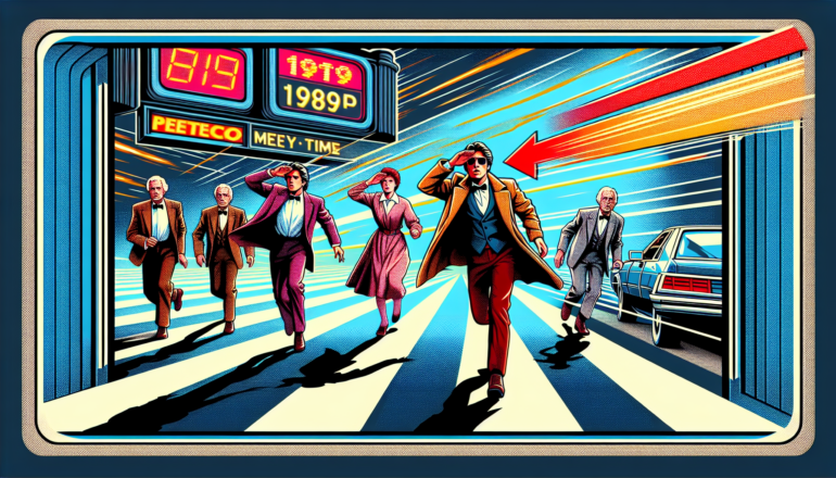 1989; using the andy warhol signature style of boarders on the left and right side of the picture, use a retro synth wave colour scheme, create a period correct movie poster for Back to the Future Part II