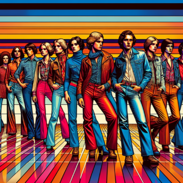 1976; using the andy warhol signature style of boarders on the left and right side of the picture, use a retro synth wave colour scheme, create an image depicting fashion and trends from 1976 - Disco to denim