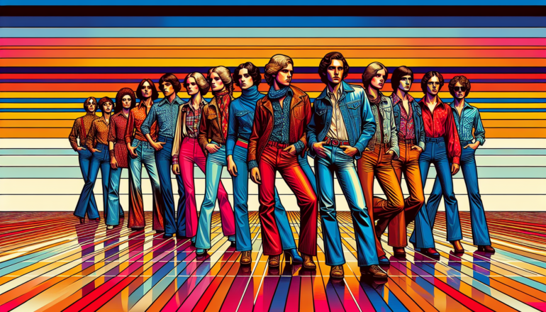 1976; using the andy warhol signature style of boarders on the left and right side of the picture, use a retro synth wave colour scheme, create an image depicting fashion and trends from 1976 - Disco to denim