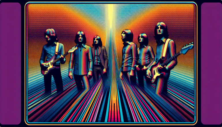 1968; using the andy warhol signature style of boarders on the left and right side of the picture, use a retro synth wave colour scheme, create a depiction of The Rolling Stones