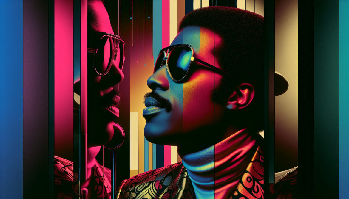 1972; using the andy warhol signature style of boarders on the left and right side of the picture, use a retro synth wave colour scheme, create an image depicting Stevie Wonder from 1972