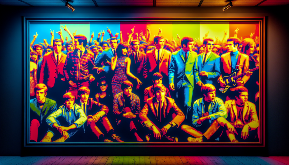 1969; using the andy warhol signature style of boarders on the left and right side of the picture, use a retro synth wave colour scheme, create an image of iconic pop culture from the 60s