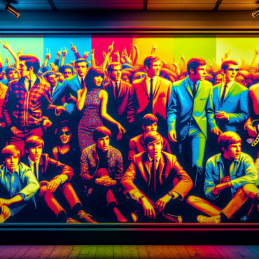 1969; using the andy warhol signature style of boarders on the left and right side of the picture, use a retro synth wave colour scheme, create an image of iconic pop culture from the 60s